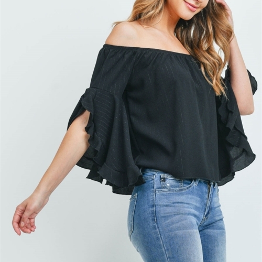 NWT Black Off Shoulder Ruffled Split Bell Sleeve - Picture 5 of 6